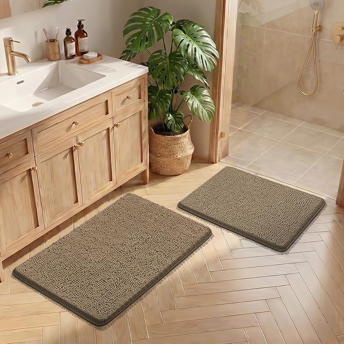 Bcoimo Bathroom Rug Set, Chenille Bathroom Rugs, Absorbent Non Slip Plush Bath Mats, Machine Washable Fast Drying Floor Mats for Tub, Shower, Sink, Vanity