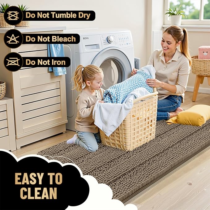 OLANLY Thick Bathroom Runner Rugs 44x24, Extra Absorbent Chenille Striped Bath Rugs, Rubber Backing, Machine Wash Dry, Long Bath Mats for Bathroom Floor, Tub and Shower, Home Decor Accessories, Tan