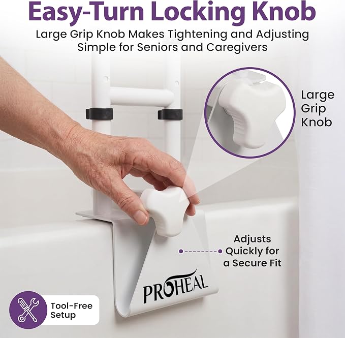 Bathtub Grab Bar for Seniors, Shower Safety Rail, Non-Slip Stainless Steel Handle, Fits 3"-7" Tub Walls, Supports 300 LBS, Adjustable Height 14.5"-17", Tool-Free Clamp-On Install - ProHeal