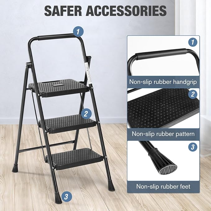 Sweetcrispy Folding 3 Step Ladder Stool - Lightweight, 800lbs Sturdy, with Anti-Slip Feet - Perfect for Home, Kitchen, and Office Use, Easy Storage and Portable Design
