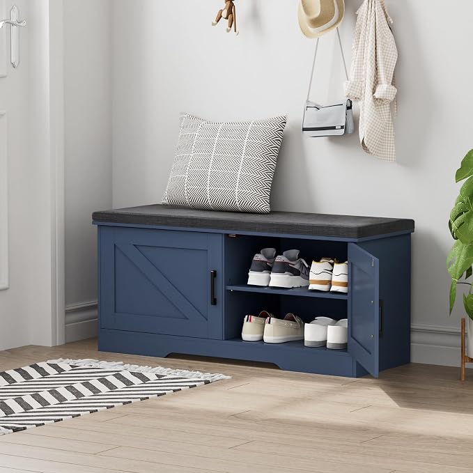 HOMSHO 2-Tier Storage Bench, 39.4" Wide Shoe Bench with Padded Seat Cushion, Entryway Bench with 2 Barn Doors and Adjustable Shelf, Blue
