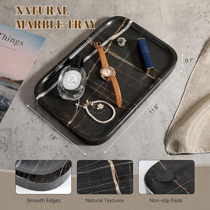 Koville Marble Tray, 12"x8" Natural Marble Vanity Tray for Countertop Bathroom Kitchen Dresser, Decorative Catchall Trays for Perfume Jewelry, Rectangular Stone Serving Tray(Black)