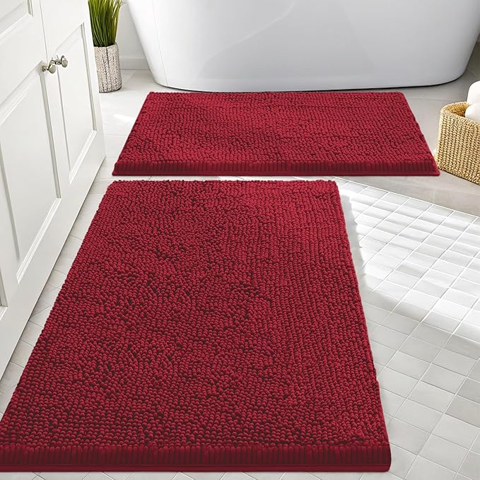 Smiry Bathroom Rugs Sets 2 Piece, Soft Absorbent Chenille Machine Washable Non Slip Shaggy Bath Rug Set for Tub, Shower, and Floor (30x20+24x16, Red)