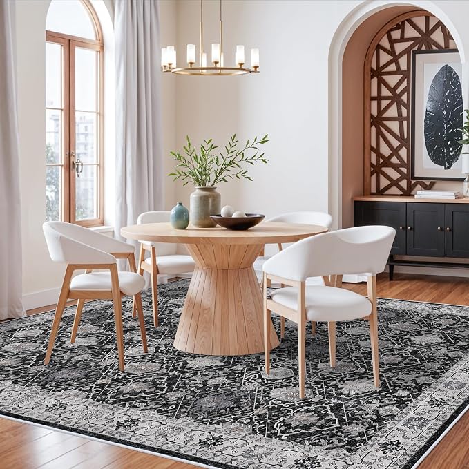 Washable 8x10 Living Room Rug: Vintage Low Pile Water Resistant Area Rug with Non-Slip Backing for Bedroom Dining Room Distressed Carpet for Nursery Indoor Soft Floor Mat for Home Office (8x10 Black)