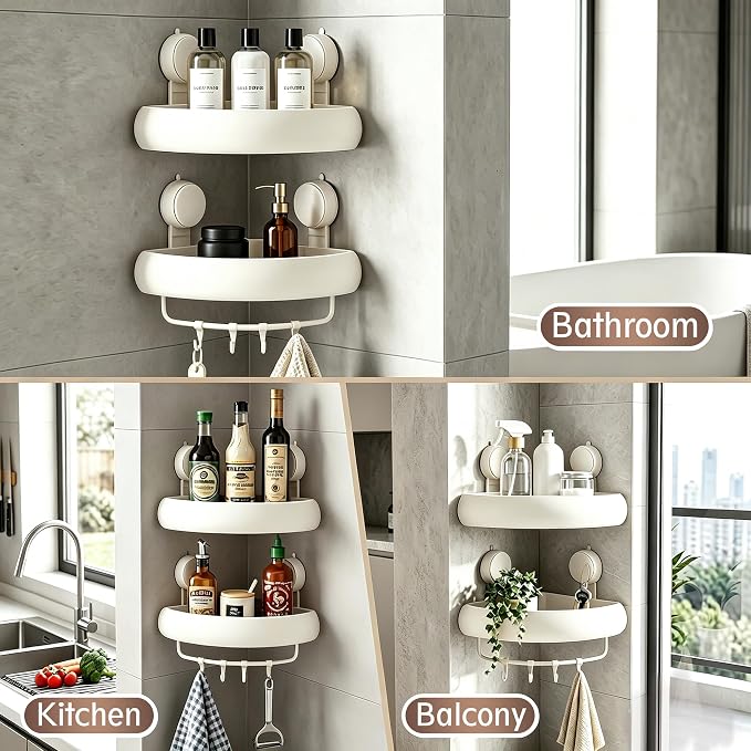 Corner Shower Caddy Suction Cup,2 Pack Cream White No-Drilling Shower Shelves,Rust Proof Shower Racks for Inside Shower with Removable Hooks and Towel Bar