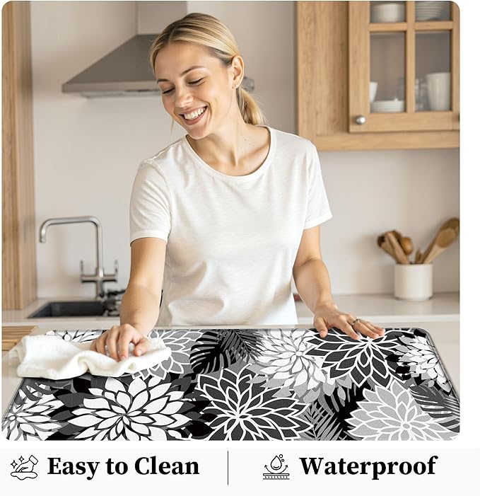 Arenarug Kitchen Mats for Floor 2PCS Cushioned Anti Fatigue Kitchen Mats Waterproof Non Slip Kitchen Mat Rug Set Comfort Foam Standing Mat for Sink, Laundry, Office, 24"x39"+24"x59", Black White