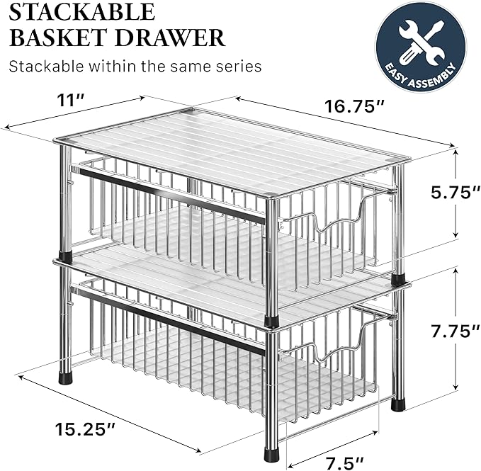Simple Houseware Stackable Basket Drawer, Chrome
