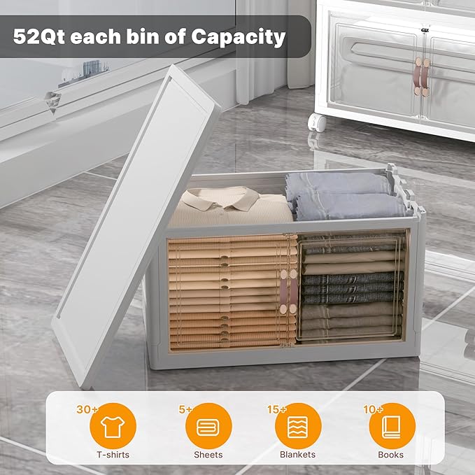 UAMFURI Stackable Storage Bins with Lids, 336QT Closet Organizers and Storage with Doors and Wheels, Extra Large Storage Cabinet, Collapsible Plastic Drawers for Bedroom Dorm Office Garage