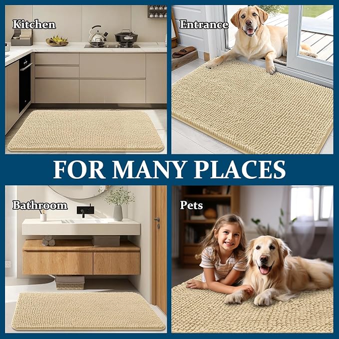 OLANLY Dog Door Mat for Muddy Paws 59x32, Absorbs Moisture and Dirt, Absorbent Non-Slip Washable Doormat, Quick Dry Chenille Mud Mat for Dogs, Entry Indoor Entryway Carpet for Inside Floor, Sand