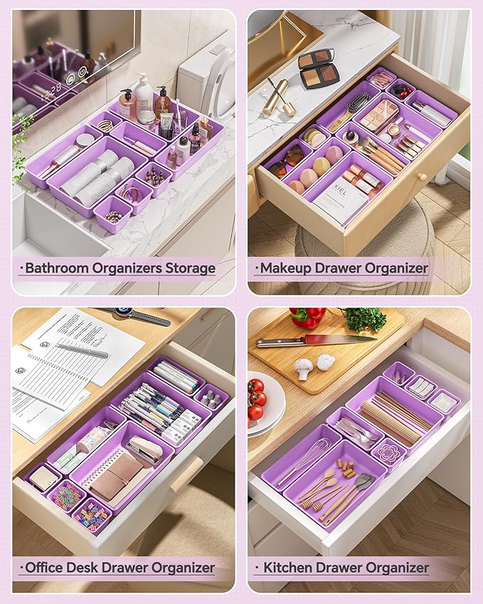KEMETHY 25 PCS Plastic Drawer Organizers Set, 4 Sizes Vanity Organizer, Makeup and Desk Drawer Organizer Trays, Organization and Storage for Makeup, Bathroom, Kitchen Utensils and Office (Purple)