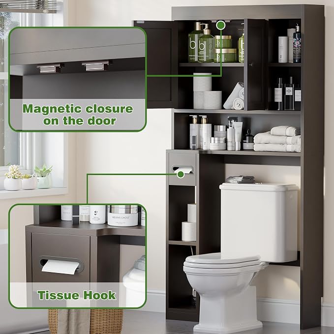 Over The Toilet Storage Cabinet with 7 Shelves, Imitation Walnut Grain Above Toilet Bathroom Organizer with Toilet Paper Holder Stand, Space Saver for Restroom, Laundry, Bathroom (Espresso)