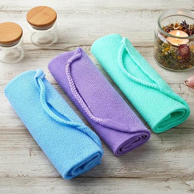 3 Pcs Exfoliating Washcloth with Handles, Double-Sided Back Scrubber Washer for Shower Body Scrub Towel Stretchable Back Washer Shower Towel for Women Bath Showers Exfoliation