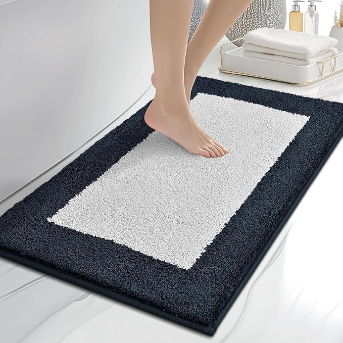 anllugs Bathroom Rugs 20" x 30", Non-Slip Extra Soft Absorbent Bath Rugs, Machine Washable Quick Dry Bath Mats for Bathroom Floor, Shower, Bathtub and Sink, Navy Blue & White