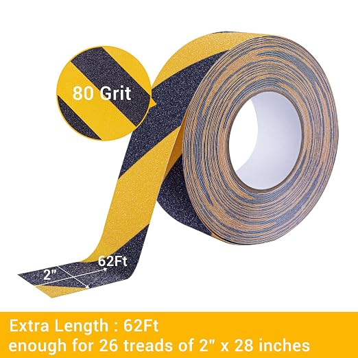 Anti Slip Tape, 2 Inch x 62 Ft Grip Tape for Stairs Outdoor/Indoor, Waterproof Non Skid Roll for Stair Treads Non Slip, High Traction Friction Abrasive Adhesive Stair Steps, Caution Yellow/Black