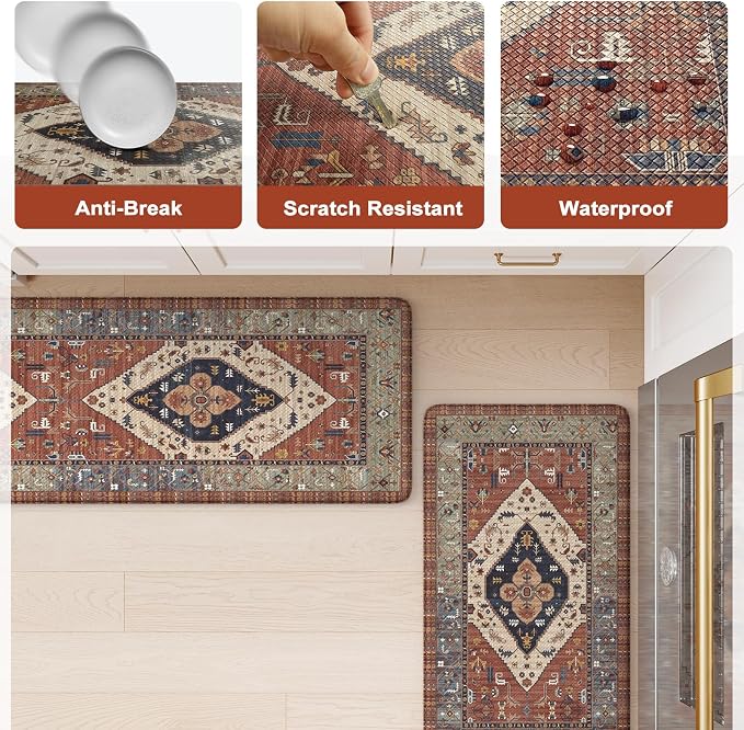 KIMODE Anti Fatigue Kitchen Mats for Floor,17.3" x 29" Vintage Red Cushioned Kitchen Rugs,Non-Slip Waterproof Kitchen Sink Standing Mat Wipe Clean for Kitchen Floor