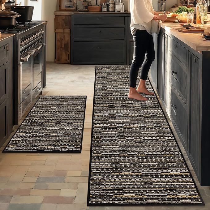 Kitchen Rugs Sets of 2-Non Slip Kitchen Mats for Floor-Thick Stain Resistant Vintage Kitchen Floor Mat Runner Carpet for Hallways Entryway Laundry Room Washable（Black 24"x70"+24"x35"）
