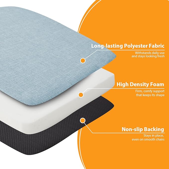 Ruqmuis Chair Cushions for Dining Chairs, 2" Thick Seat Cushions for Kitchen Chairs, D-Shaped Chair Pads with Washable Cover, Ties and Non Slip Backing, 17'' x 16'', Set of 6, Light Blue