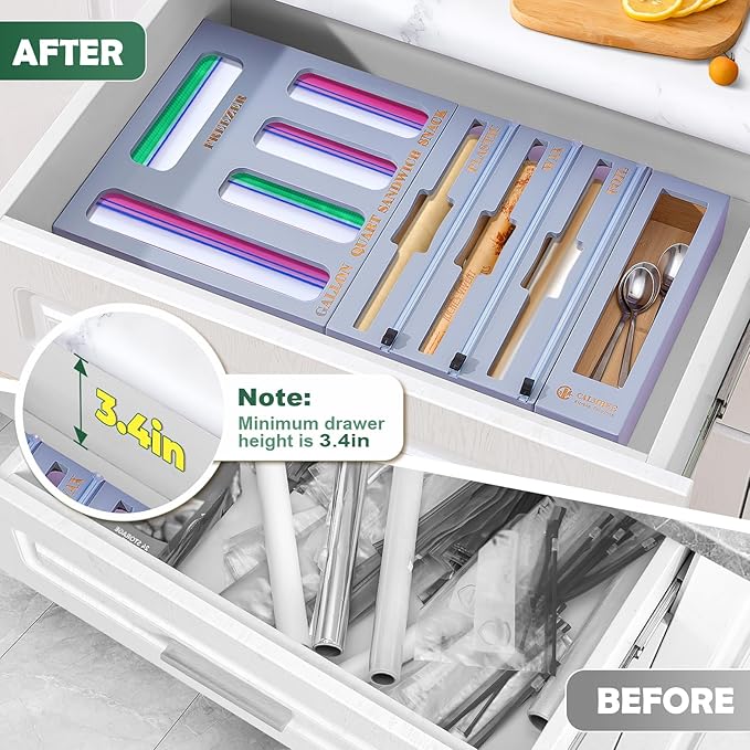 Calmbee 9 in 1 Bamboo Storage Bag Organizer for Kitchen Drawer – Plastic Wrap Dispenser with Cutter & Foil Organizer, Wooden Baggie Organizer for Sandwich, Snack, Gallon, Quart Sizes, Grey