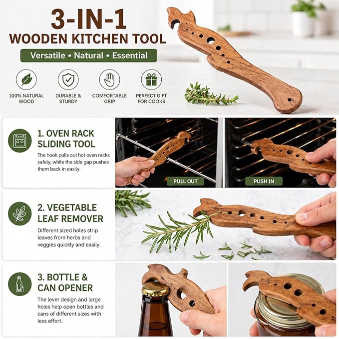 Oven Rack Puller and Pusher Tool, 3-in-1 Wooden Multi-Functional Kitchen Gadget with Herb Stripper & Bottle Opener, Pull Out Hot Racks Safely, for Toaster Ovens, Air Fryers, Baking
