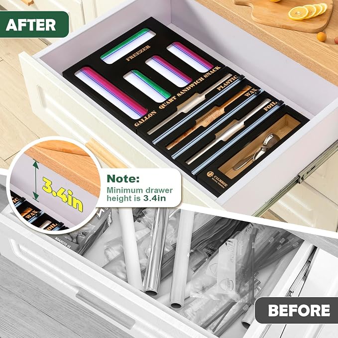 Calmbee 9 in 1 Bamboo Storage Bag Organizer for Kitchen Drawer – Plastic Wrap Dispenser with Cutter & Foil Organizer, Wooden Baggie Organizer for Sandwich, Snack, Gallon, Quart Sizes, Black