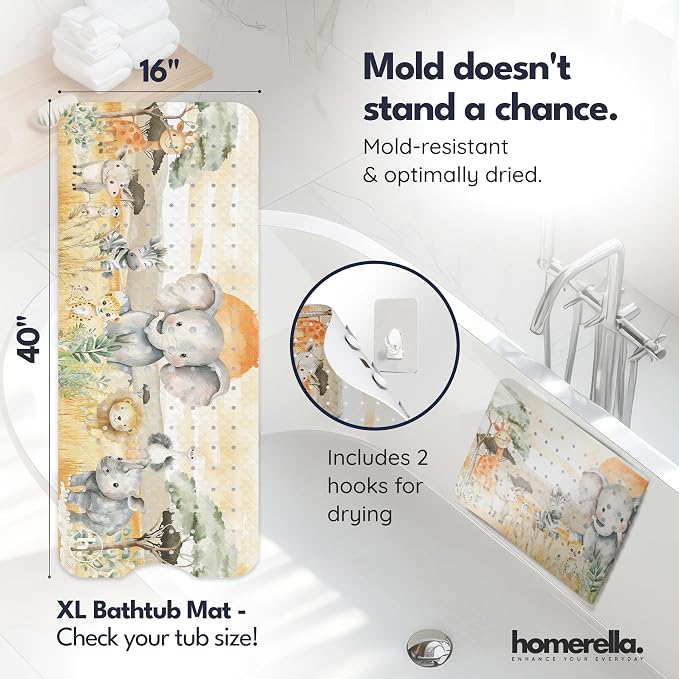 Bath Tub Mat Non Slip Anti Mold for Kids BPA Free INCL Hooks - homerella® Ocean Sea Animals 40x16, Baby Bath Mat Non Slip 200 Suction Cups, Non Toxic Machine Washable Toddler Bath Mat, EU Certified