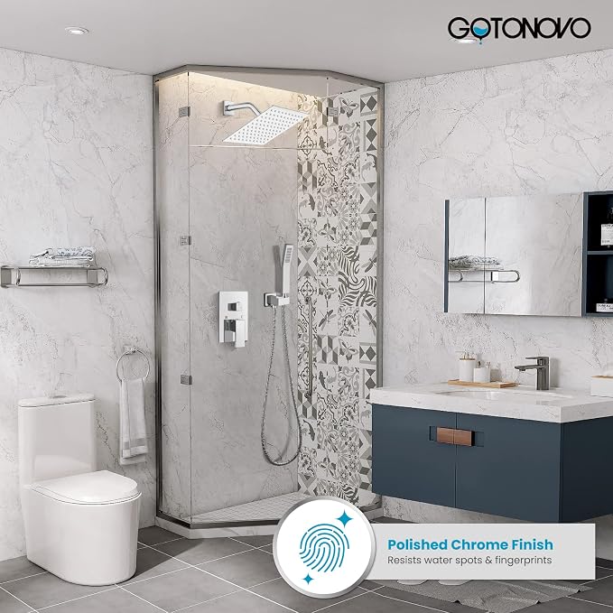 gotonovo Rainfall Bathroom Shower System Rain Shower Head and Handle Set Wall Mounted Shower Complete Combo Solid Brass Pressure Balancing Shower Mixer Valve 8 Inch Polished Chrome