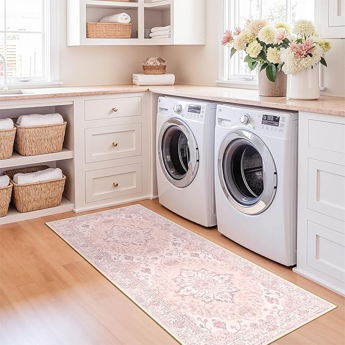 RELEANY Area Rugs Runner 2'x5' Washable Non-Slip, Floral Vintage Distress Medallion Carpet for Kitchen Hallway Bedroom Beside Laundry Room Bathroom, Pink Greypink Cute