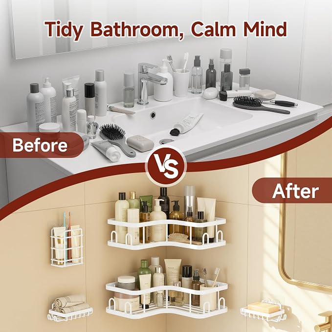 Veken Corner Adhesive Shower Caddy 3-Pack with Soap Holder&Hooks,No Drilling Shower Shelves,Rustproof & Waterproof Bathroom Organizers and Storage,Rack for Small Spaces, Kitchen&Rental-Friendly,White