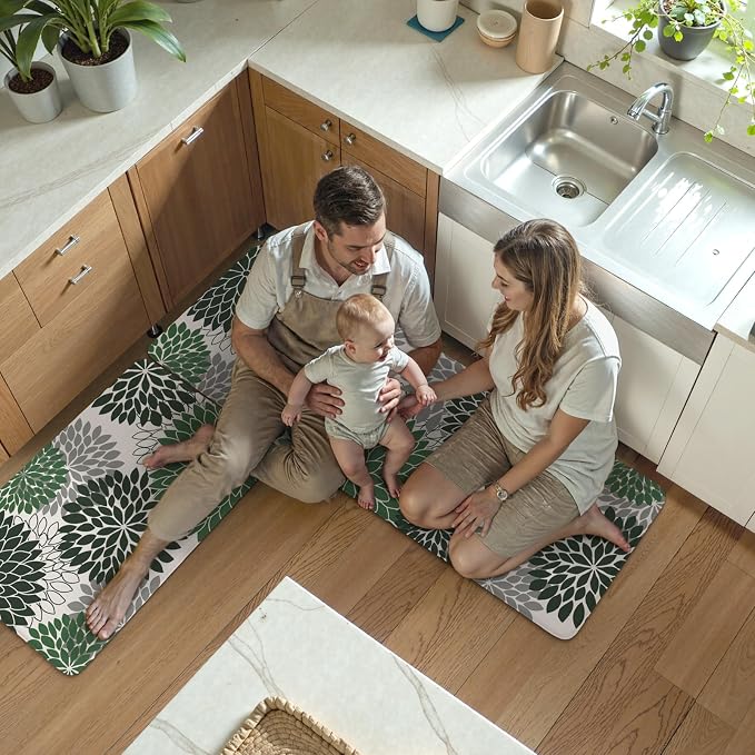 Anti Fatigue Kitchen Mat 2PCS,Boho Dahlia Floral Kitchen Rugs Non Slip Rubber Backing,Waterproof Farmhouse Kitchen Mat for Floor,Cushioned Standing Mat Christmas Decor for Laundry,Sink,Desk,Green