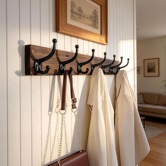 WEBI Rustic Coat Rack Wall Mount,30" Long 7 Cast Iron Coat Hooks Wall Mounted,Heavy Duty Wood Wall Coat Hanger Hooks for Hanging Coats,Jacket,Clothes,Backpack,Farmhouse,Weathered Brown