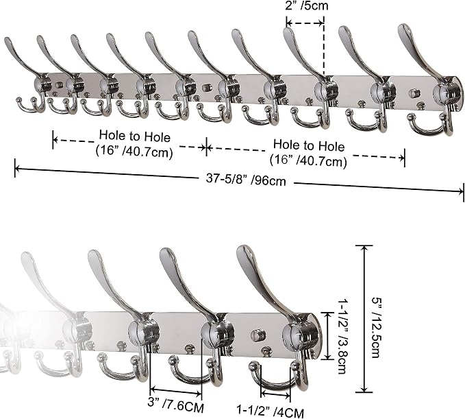 Dseap Coat Rack Wall Mount - 38” Long 10-Tri-Hooks Heavy Duty Coat Hanger Rail Wall Hooks for Hanging Coats Hats Clothing Clothes Purse Mudroom Entryway, Chromed, Pack of 2