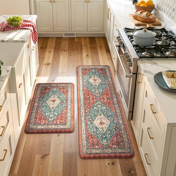 Collive Boho Kitchen Mat 2PCS, Cushioned Anti Fatigue Kitchen Mats for Floor Waterproof Kitchens Rugs Set of 2, Non Slip Comfort Standing Mat for Office, Sink, Laundry, 17.3"x29"+17.3"x59"