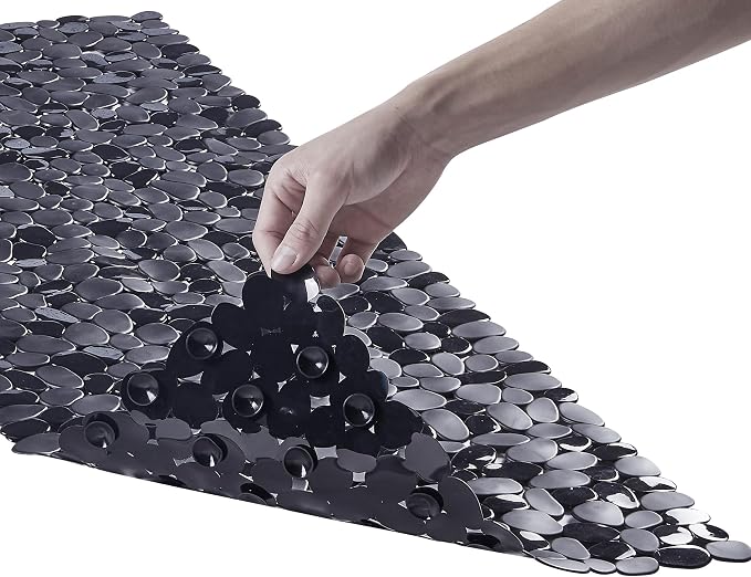 Webos Bath Shower Mat Non Slip: Extra Large Pebble Bathtub mat for Families, Anti Slip Shower Matt with Drain Holes Suction Cups Tub Mat - 16 X 40 Inch Black