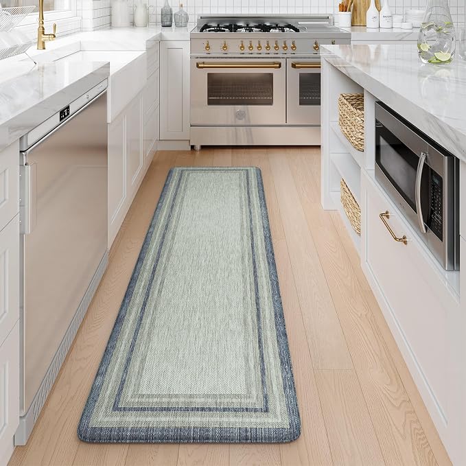 KIMODE Farmhouse Kitchen Runner Rug,17.3" x 59" Anti Fatigue Kitchen Mats for Floor Cushioned,Non-Skid Waterproof Kitchen Floor Standing Mat for Front Sink,Laundry Room,Blue and Gray