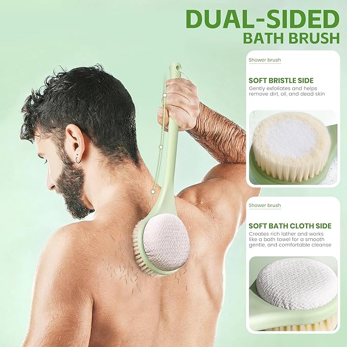 Back Scrubber for Shower with Long Handle, Dual-Sided Bath Brush with Soft Bristles & 150D Exfoliating Cloth, Anti-Slip Grip, Lightweight Back Washer for Shower, Men & Women (Green)