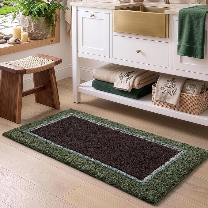 DEXI Bathroom Rugs 24x16, Absorbent Extra Soft Plush Microfiber Bath Mat for Bathroom, Non Slip Washable Bathmat Quick Dry for Shower Floor, Sink, Tub, Laundry Room, Green and Brown