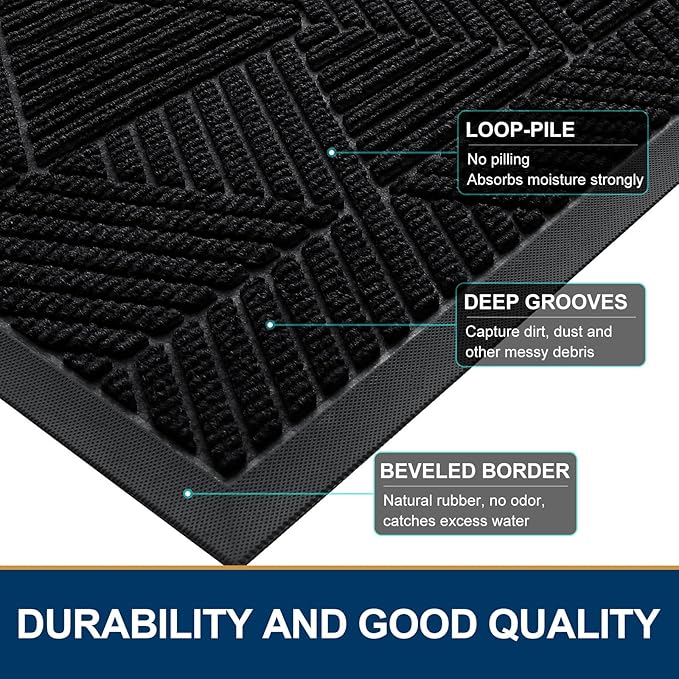 Smiry Front Door Mat Outside Entrance, Heavy Duty Sturdy Natural Rubber Doormat, Trap Dirt and Moisture, Easy Clean Low Profile Mats for Indoor Outdoor Entry, Irregular Triangle (47x17, Black)