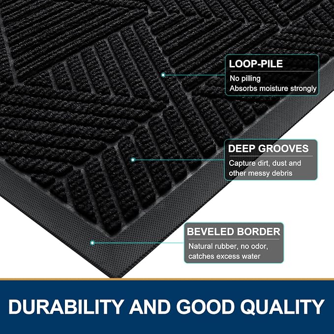 Smiry Front Door Mat Outside Entrance, Heavy Duty Sturdy Natural Rubber Doormat, Trap Dirt and Moisture, Easy Clean Low Profile Mats for Indoor Outdoor Entry, Irregular Triangle (59x40, Black)