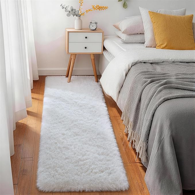 Ophanie Runner Rug for Hallway, 2x6 Washable Non-Slip Fluffy Soft Bedside Rugs, Bedroom Living Room Shaggy Carpet for Kids Girls Boys Dorm Nursery Home Decor Aesthetic, White