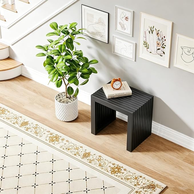 Bamboo Dining Bench, 18-inch Sleek Design Entryway Shoe Rack Bench, Indoor Kitchen Table Bench, Waterproof Outdoor Bench, Black