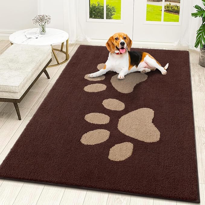 Smiry Dog Door Mat for Muddy Paws, Absorbs Moisture and Dirt, Low-Profile Entryway Mat with Non-Slip Backing, Entry Indoor Outdoor Doormat for Inside Floor (48x32 Inches, Brown, Paw)