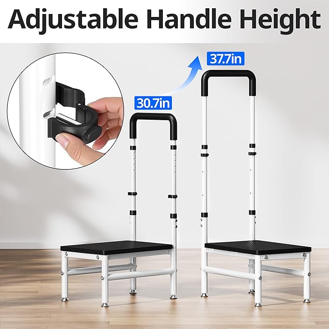 Step Stool with Handle for Adults and Seniors, Heavy Duty One Step Wooden Platform Stool with Adjustable Handrail, Wide Non Slip Footstool for Bedside, Bathroom and Home