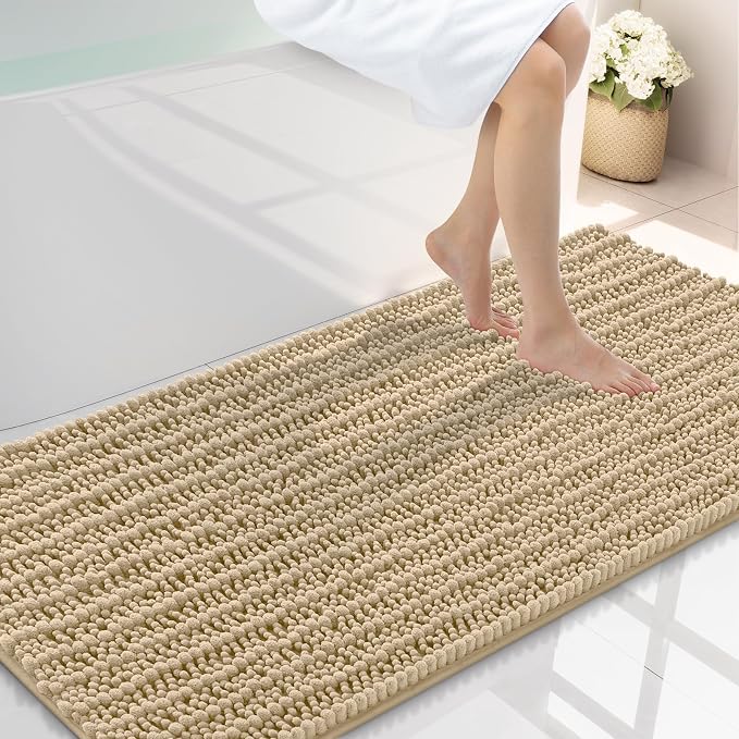 Smiry Bathroom Rugs Mat 47x24, Extra Soft Absorbent Chenille Bath Rugs, Non Slip Rubber Backing Machine Washable Quick Dry Bath Mats for Bathroom Floor, Tub, Shower, Home Decor Accessories, Beige