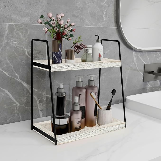 Dorhors 2 Tier Bathroom Counter Organizer Storage,Vanity Organizer for Bathroom Counter,Wood Standing Rack for Kitchen(Rustic White)