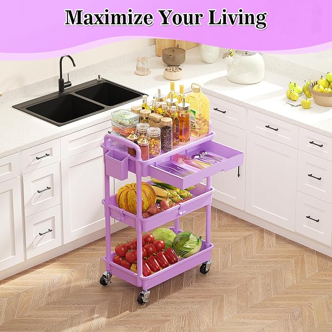 SUNALLY 3 Tier Rolling Cart Organizer with Drawer, Bathroom Storage Carts with Wheels & Plastic Shelf, Mobile Storage Organizers for Kitchen, Office, Laundry Room, Baby, Snack, Craft, Makeup, Purple