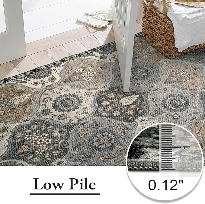 Lahome Moroccan Washable Living Room Rug, 5x8 Rugs for Bedroom Dining Room, Soft Non-Slip Non Shedding Boho Distressed Throw Carpet for Nursery Office Elise, Grey