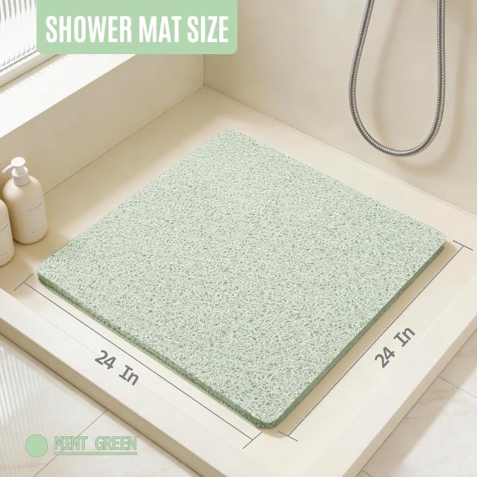 Joyhalo Shower Mats for Showers Anti Slip for Elderly, 24'' x 24'' Non Slip Bath Mat for Inside Shower, Bath Tub Mats for Bathroom Non Slip for Shower, PVC Loofah Bathroom Mats, Mint Green