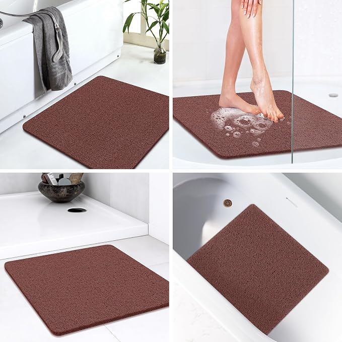 LuxStep Shower Mat Bathtub Mat,24x24 inch, Non-Slip Bath Mat with Drain, Quick Drying PVC Loofah Bathmat for Tub,Shower,Bathroom,Reddish Brown