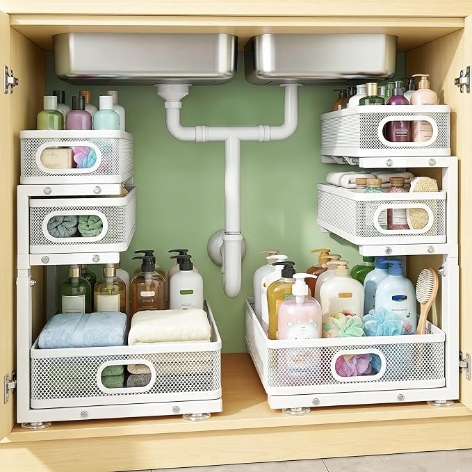 Under Sink Organizer, 2-Pack 3-tier Under Sink Storage Organizer Adjustable Height Easy Assembly Pull Out Cabinet Organizers Basket for Bathroom Kitchen Pantry Home Organization
