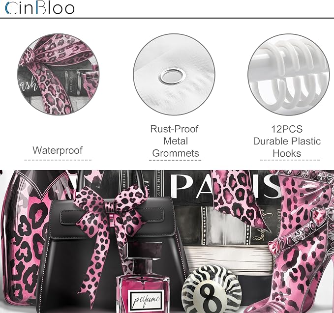 4Pcs Black and Pink Leopard Print Shower Curtain Set,Fashion Modern Girly Bow Perfume Striped Bathroom Curtain with Rug,Toilet Lid Cover, Bath Mat,High Heels Books Shower Curtain with 12 Hooks